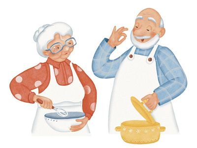 Grandma and grandpa character design children illustration cooking time digital watercolor family fun story grandma grandpa set of characters