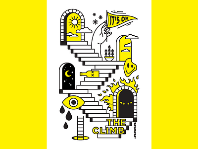 The climb illustration line work poster risograph yellow