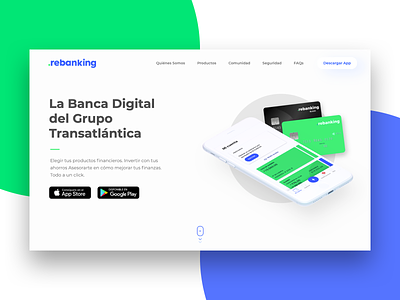 Fintech Landing Page animation bank banking blue branding design digital banking fintech green illustration logo marketing site product product design rebanking ui ux web webdesign website
