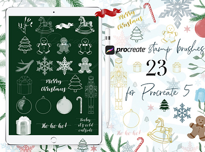 Procreate Stamps Christmas Brush bullet journal candy cane christmas silhouettes christmas tree coloring books cute doodles gingerbread man ipad design mistletoe procreate brushes procreate stamps ribbons snowflakes stationery design winter illustration