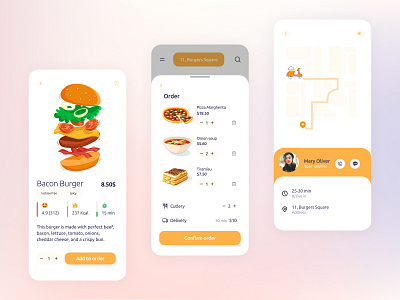 Delly-Velly Part 2 3d app beautiful burger courier delivery design dish food graphic design illustration lactose free map menu order pizza spicy ui ux vector