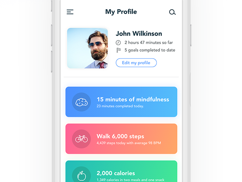 Healthcare profile iphone x calories heart rate meditation app ui product ux ios health