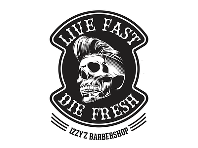 Live Fast, Die Fresh barbershop illustration patch skull vector