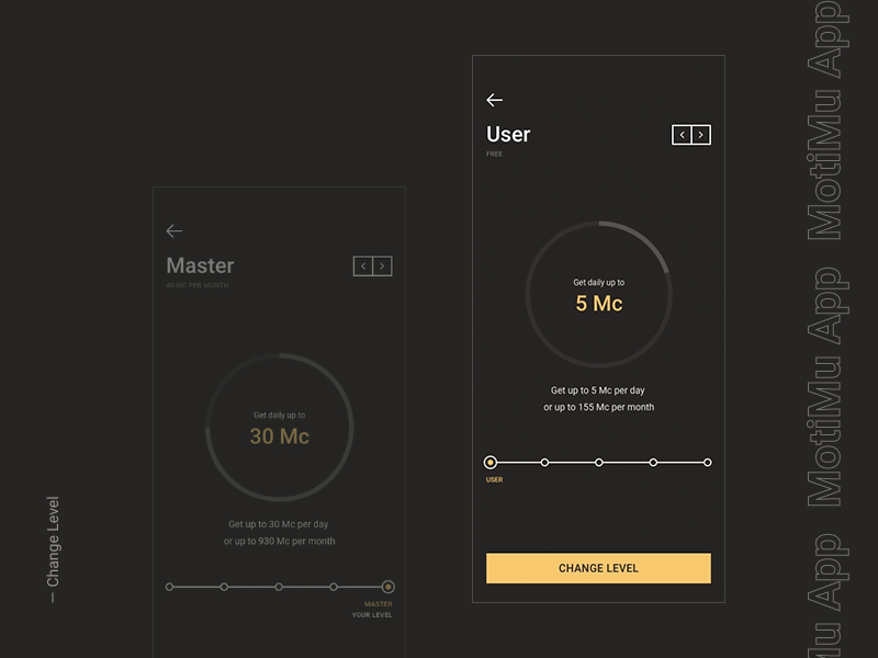 Motimu Change Level app design graphicdesign interface makyoudesign mobile motimu typography ui ux