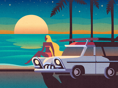 Sunset beach board car retro sea sunset surf