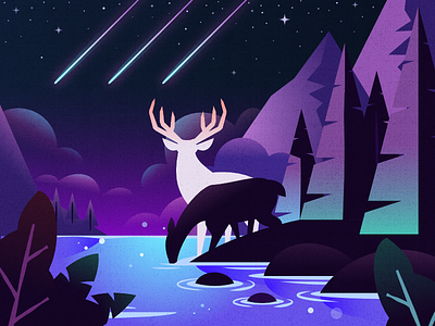 Deer deer forest illustration lake night post card shooting stars stag