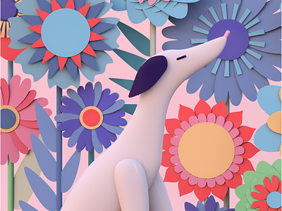 Spring doggo 3d 3d artist 3dcharacter c4d c4dart cgi character colors flowers illustration minimalist paperart