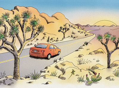 Joshua Tree Drive cars digital painting drawing editorial editorial illustration illustration ink ink drawing joshua tree painting