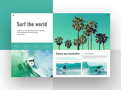 Surfing spots clean colours interactive landing shapes surfing travelling web webdesign