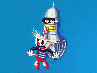 Bender&Cuphead Illustration 2d bender blue character cuphead fanart flat fun futurama illustration milk