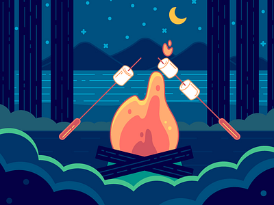 S’mores and Outdoors - 25/30 adventure camping composition creative fire flat food illustration landscape minimal nature outdoors smores