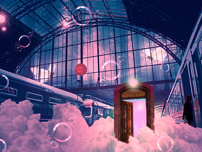 Bubble gate train station bookcover branding bubblegate butterfly clouds design dream fantasy art forest graphic design illusion illustration imagination kids magically miraculous mysterious photoshop reverie trainstation