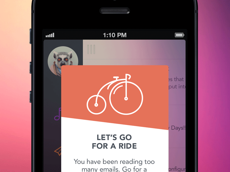Nagging popup app bike cycle flat icon ios iphone mobile orange popup purple question ui ux