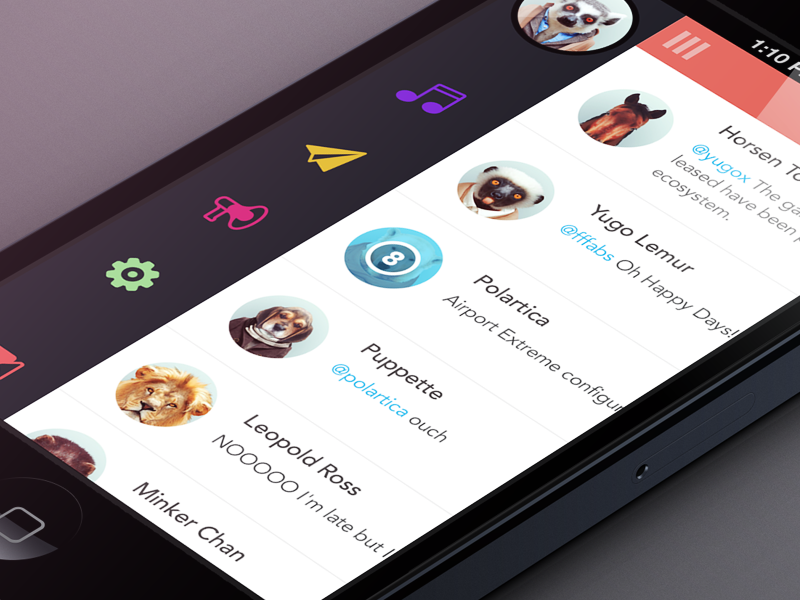 Lister iphone ios settings app flat design ui ux orange color menu side social