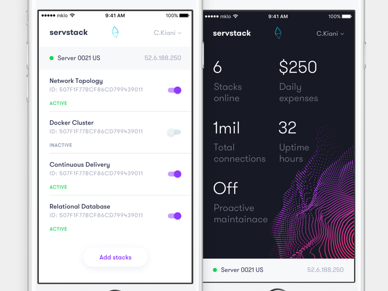 serverstack 🥞 fintech iot work design ops devops dark fff mikleo gradient ios uk