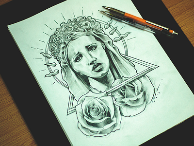 Virgin Roses design draw handmade pencil sketch tattoo virgin