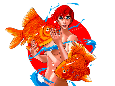 Final artwork brush digital fish girl illustration red wacom water