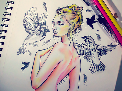 Bird Girl bird color draw girl handmade paint sexy sketch