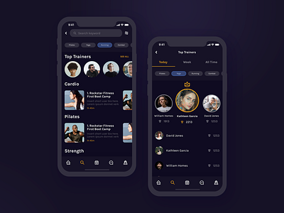 Fitness App | Discover Page & Leaderboard UI Design dark mode dark theme discover page fitness fitness app leaderboard mobile app mobile design mobile ui search page trainers ui ux ui uxui