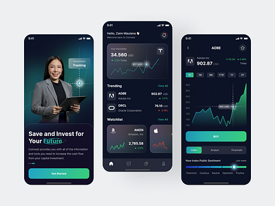 Coinvest - Investment App app chart clean crypto cryptocurrency dark mode design fintech glass glassmorphism gradient investment minimal mobile mobile ui stock market stocks trade trading ui