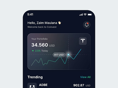 Coinvest - Investment Animation animation app chart clean crypto cryptocurrency dark mode design fintech glass glassmorphism gradient investment minimal mobile motion stock marrket stocks trade trading