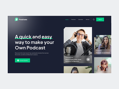 Podchats - Podcast Hero Landing Page audio b2b clean design entertainment header hero hero section minimalist mockup music podcast podcaster podcasting radio saas spotify saas ui web web design