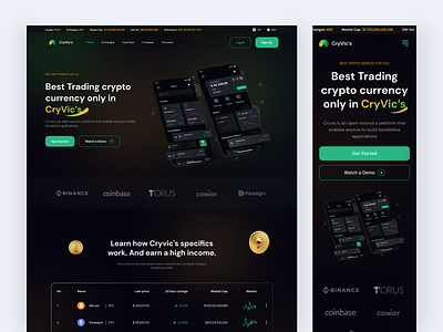 CryVic’s - Crypto Landing Page bit coin blockchain branding crypto crypto currency crypto exchange crypto landing page crypto trading crypto website cryptocurrency dark fintech landing page popular trading ui ui dsign web web dsign website