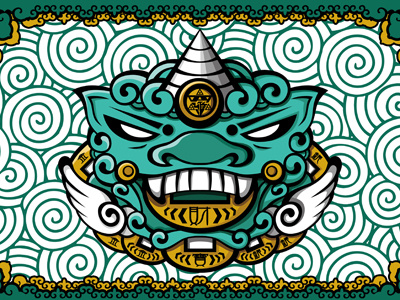 Auspicious asura auspicious chinese graphic green illustration money monster mythical washpainting