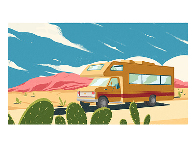 caravan blue cactus car caravan illustration ride stillframe summer way