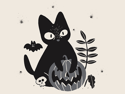 Halloweencat art bat black cat halloween illustraion plants pumpkin