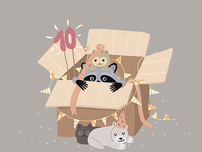 Waiting for birthday animal art birthday box happy happy birthday holiday illustration kitten photoshop puppies raccoon