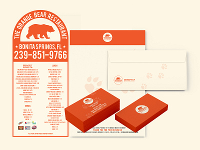 OrangeBearBranding bear branding business business card card collateral design die cut envelope graphic identity kit letterhead logo menu mikemerrilldesign orange print restaurant stationery