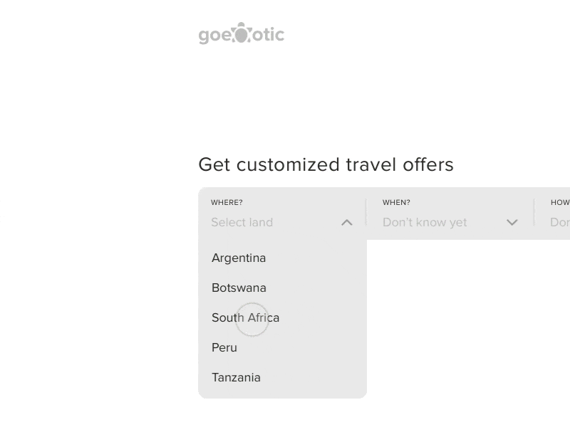 goexotic - booking exotic destinations animation booking dropdown interaction motion principle search search field travel
