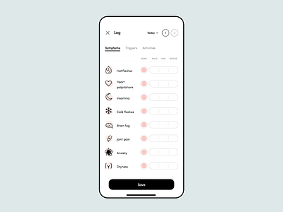 Clio - Menopause Relief. Symptoms logging. after effects health health app healthcare interaction minimalism mobile ui ux vector