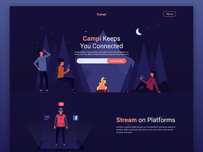 Campi - Stay Connected camp campfire campi camping camping in the nature character character design fire gamer illustration gamers gaming gaming website icon illustration moon mountain nature sky streamer twitch gamers