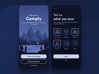 Camply - Plan Your Next Escape app design camp camping camping app climbing fire fishing hitchhiking icon design jungle kayaking lake landscape mountain outdoor activity tent trip app ui design ux woods