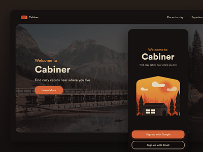 Cabiner airbnb app app design app ui application design cabin finder cabiner icon illustration landing landing page design landscape illustration property app sunset ui ux ux app web design woods