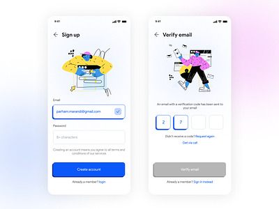 Sign up & Verify Email app ui designer in sydney email verificiation register sign up sign up form sign up page sign up ui verify email verify email ui