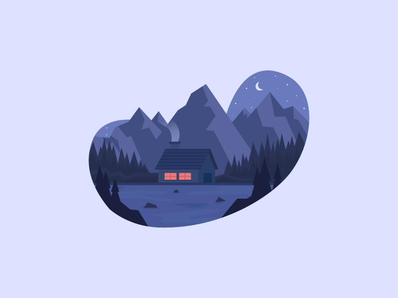 Chilled Night 2d design icon illustration cottage smoke moon night lake pine tree tree wood woods mountain mountains