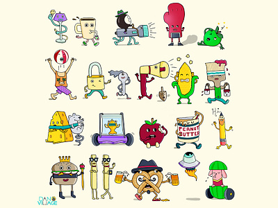 Rando Characters beach ball beer boxing burger characters cheese coffee fruit illustration pencil pretzel vegetables