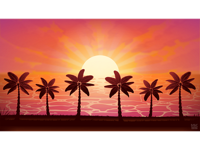 Sunset view coast design graphic illustration palm tree seaside sunset vector