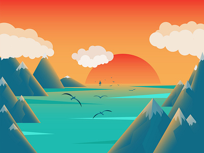Sea at sunset birds card design illustration mountain sea sunset vector
