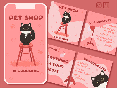 Seamless carousel for instagram card cat design grooming illustration instagram pet profile salon seamless vector