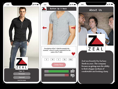 Zeal men clothing line app branding design ui