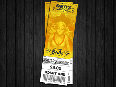 Buhz Presents:CEO's & Scarecrows Ticket black buhz design events halloween party print design ticket ticket design white yellow