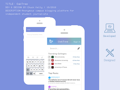 Oaktree | Home anonymous app blogging blue college mobile mobile ui purple social