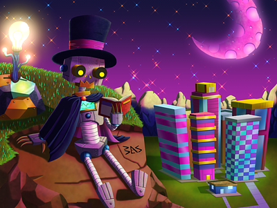 Peacefully Away cartoon character city clipstudiopaint colorful design digital fantasy illustration light lowbrow painting pink reading robot sky stars