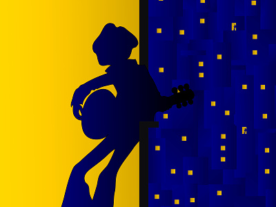 City 3 poster абстракция город желтый игра на гитаре иллюстрация книжная иллюстрация ночь один окна плакат подросток свет силуэт синий стиль80 х яркий