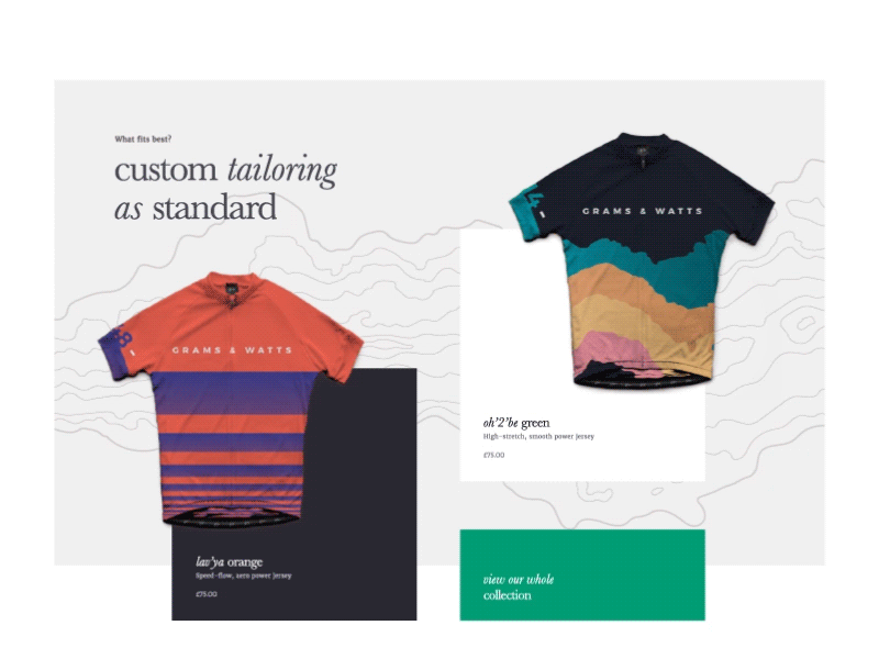 Grams & Watts Reveal animation bikes cycling jersey ux website