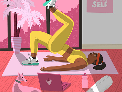 Home workout black female digital editorial health and wellbeing home workout illustration limited colour pallet magazine art physical health textures women workout